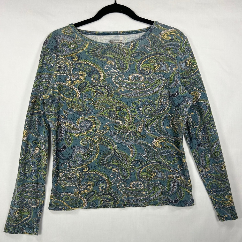 St. John's Bay Paisley Long Sleeve Top Small Blue Boho Retro Vintage Tee